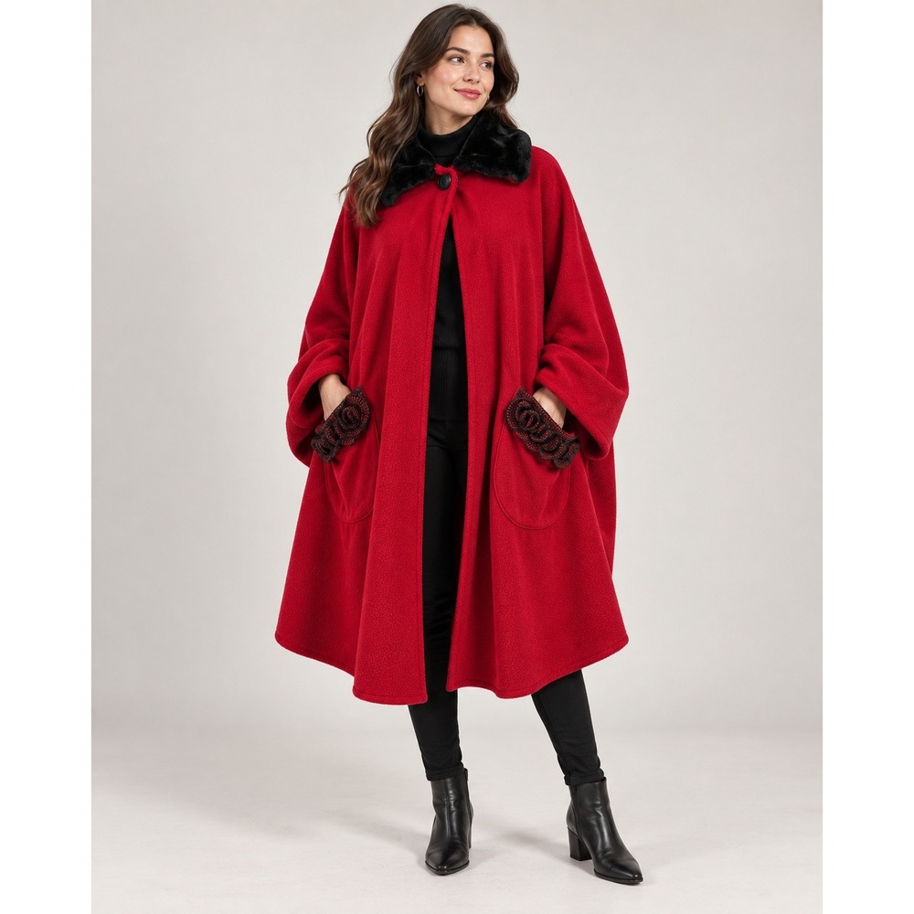 Le Mode Red Fleece Cape Coat Faux Fur Collar Rosette Pockets OS Holiday Cloak